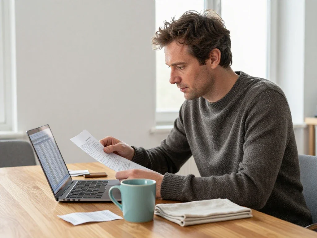 Homme analysant ses comptes sur ordinateur pour mieux s'informer avant de prendre ses décisions quotidiennes.