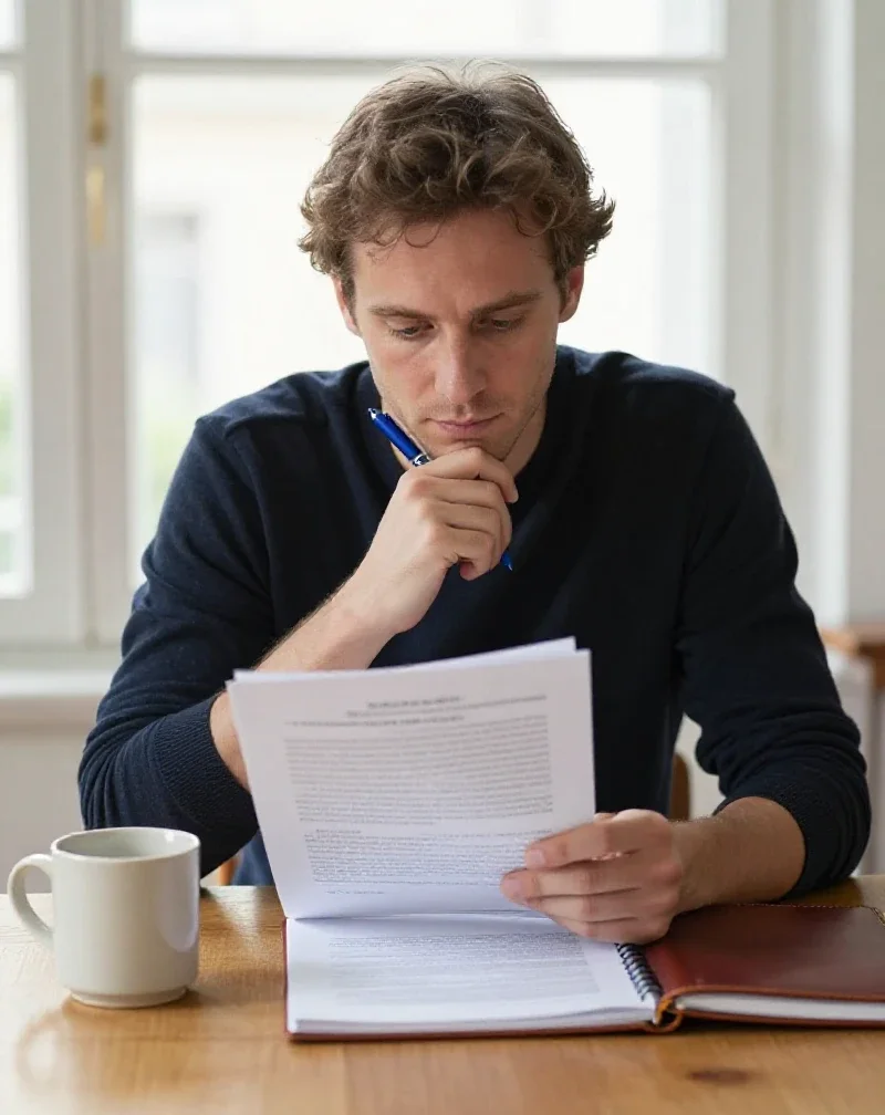 Un homme réfléchit devant des documents pour prendre une décision éclairée au quotidien.